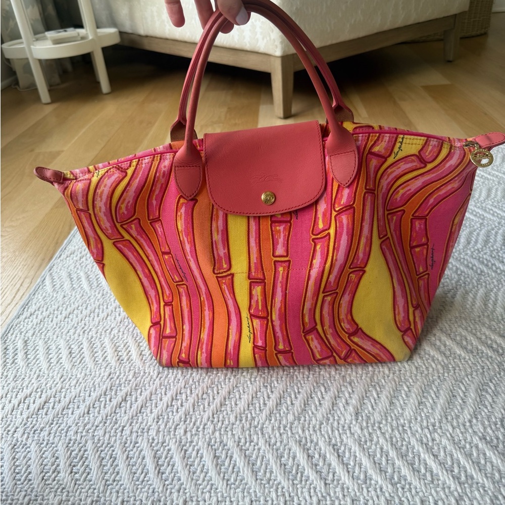 Longchamp Pink and Yellow Tote Bag with Vibrant Stripes